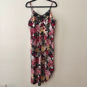 VTG 90s Inner Most Slip Dress Satin Lace Floral Red Pink Roses Asymmetrical Sz L